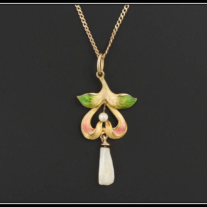 Antique Enamel and Pearl Pendant of 10k Gold - Trademark Antiques
