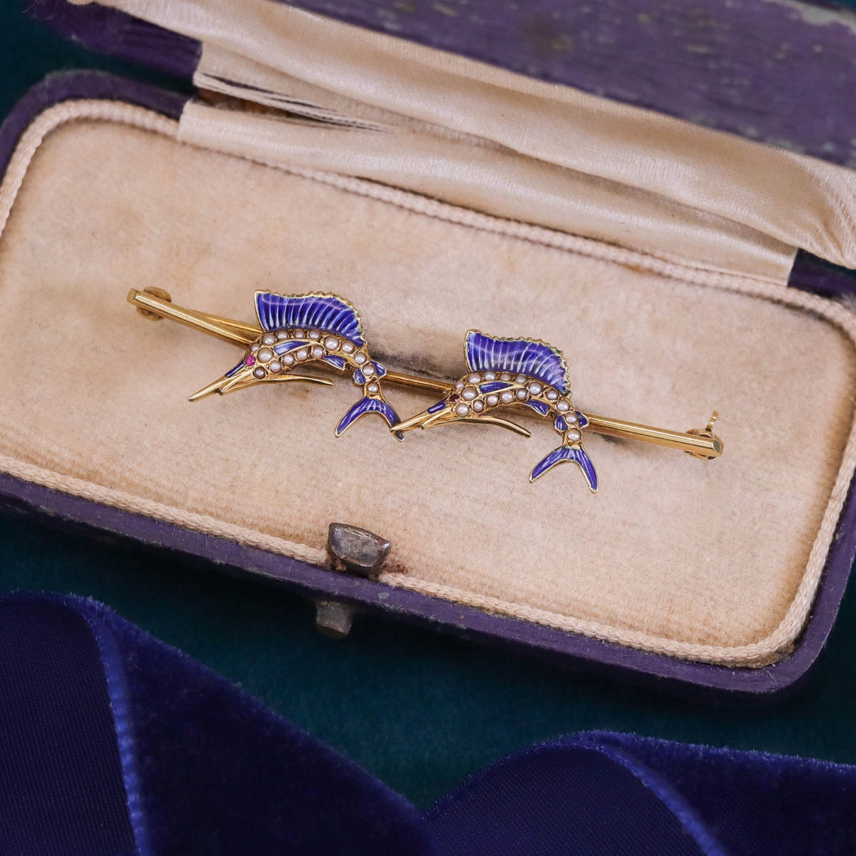 Antique Enamel and Pearl Sailfish Brooch of 14k Gold - Trademark Antiques