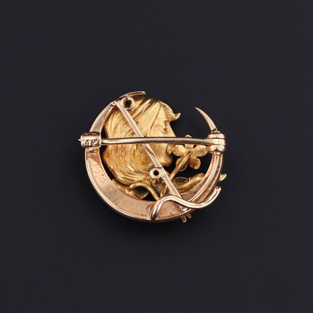 Antique Enamel and Pearl Woman Brooch by Krementz of 14k Gold - Trademark Antiques