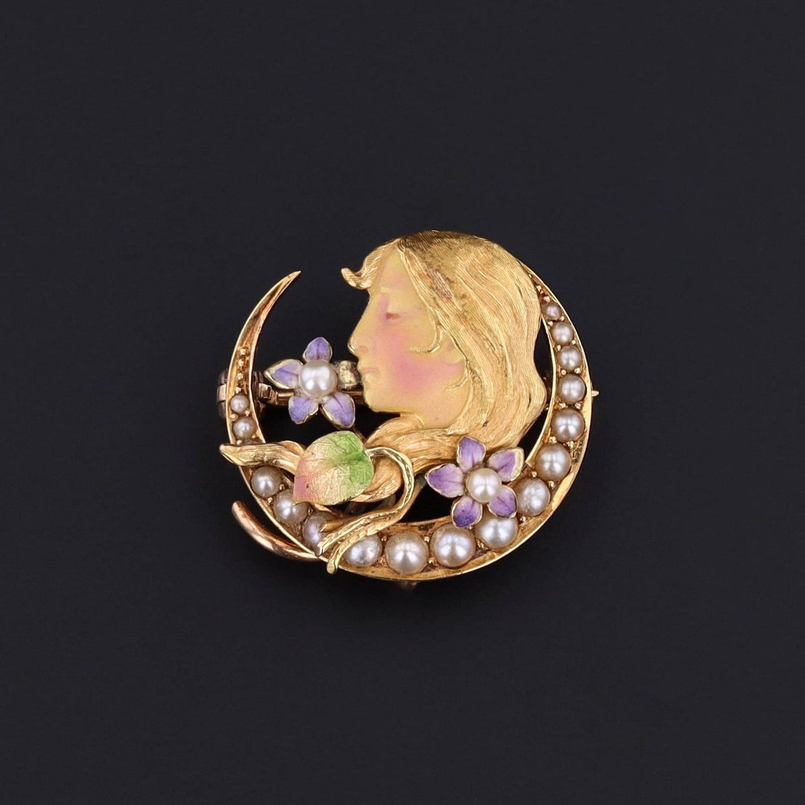 Antique Enamel and Pearl Woman Brooch by Krementz of 14k Gold - Trademark Antiques