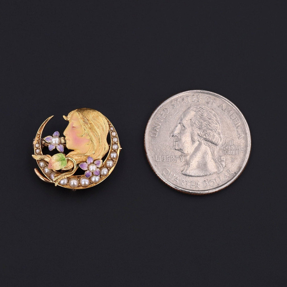 Antique Enamel and Pearl Woman Brooch by Krementz of 14k Gold - Trademark Antiques