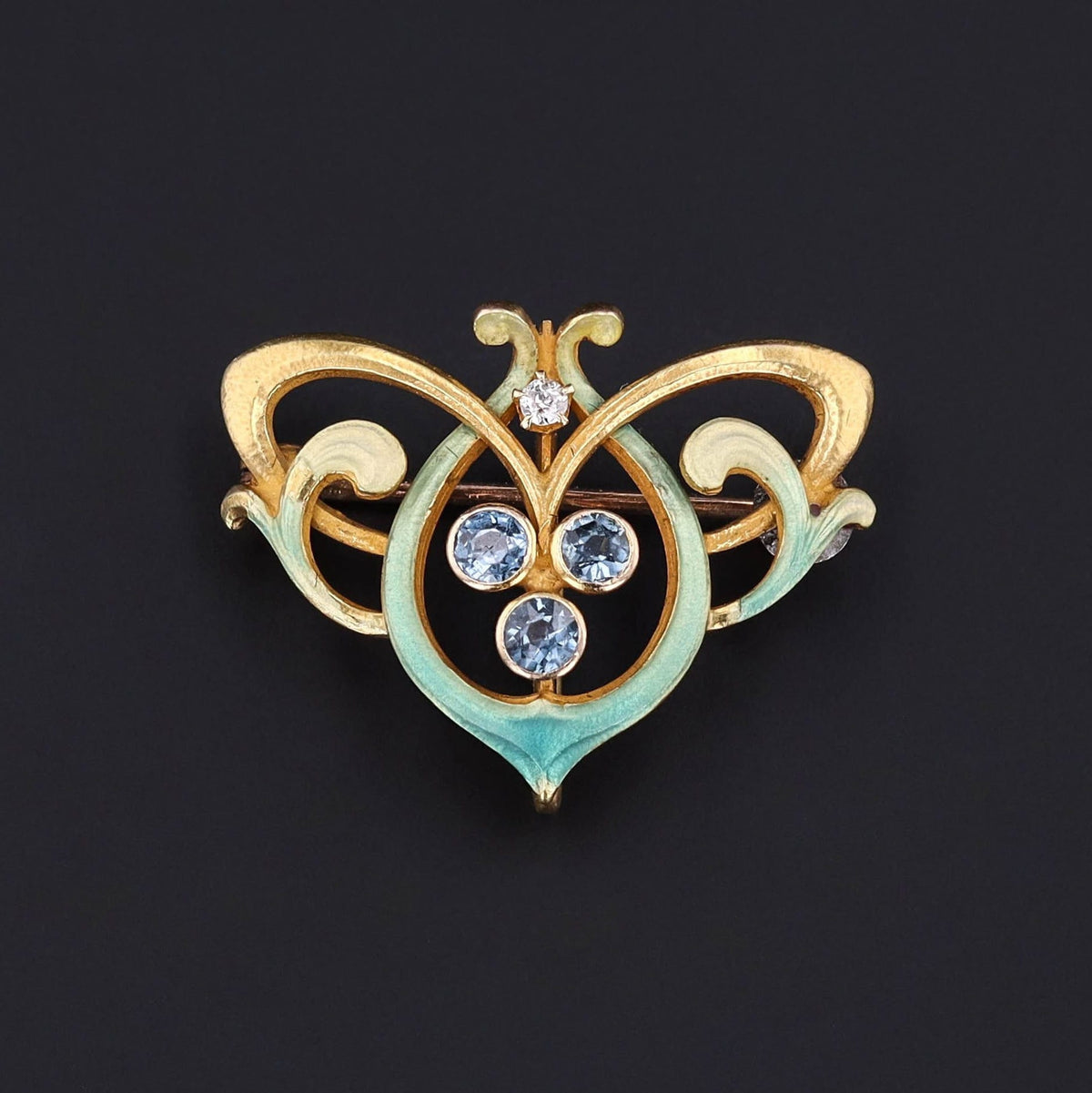 Antique Enamel and Sapphire Brooch of 14k Gold - Trademark Antiques