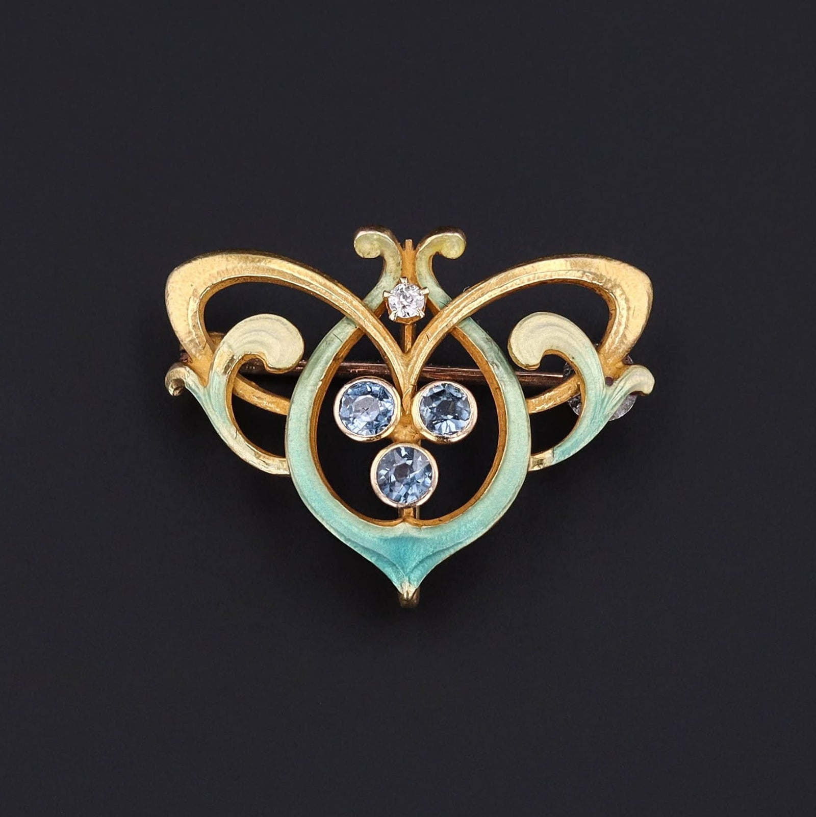 Antique Enamel and Sapphire Brooch of 14k Gold - Trademark Antiques