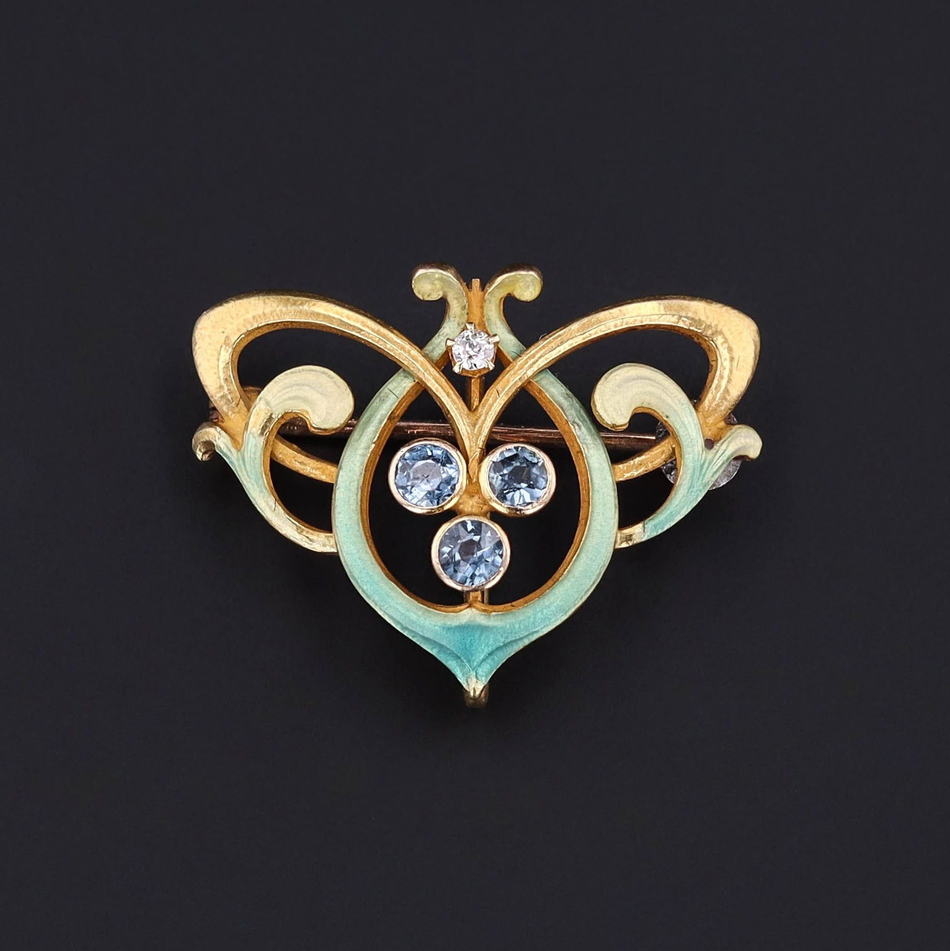 Antique Enamel and Sapphire Brooch of 14k Gold - Trademark Antiques