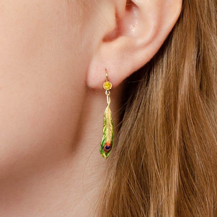 Antique Enamel and Yellow Diamond Peacock Feather Conversion Earrings 14k Gold - Trademark Antiques