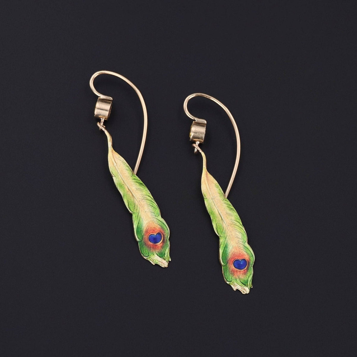 Antique Enamel and Yellow Diamond Peacock Feather Conversion Earrings 14k Gold - Trademark Antiques