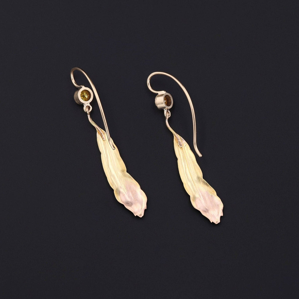 Antique Enamel and Yellow Diamond Peacock Feather Conversion Earrings 14k Gold - Trademark Antiques