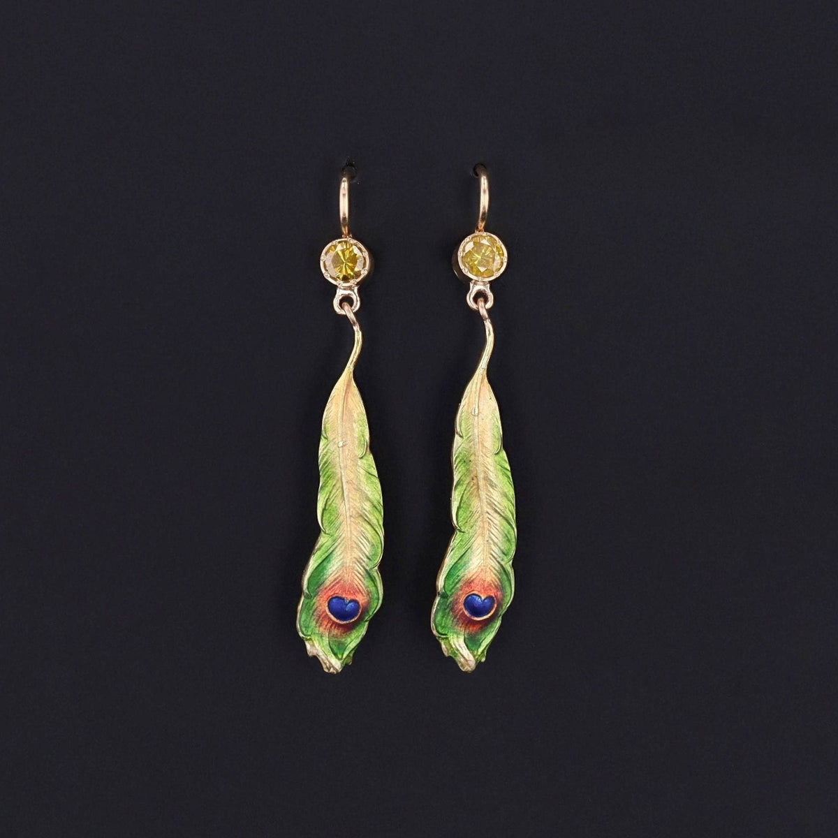 Antique Enamel and Yellow Diamond Peacock Feather Conversion Earrings 14k Gold - Trademark Antiques