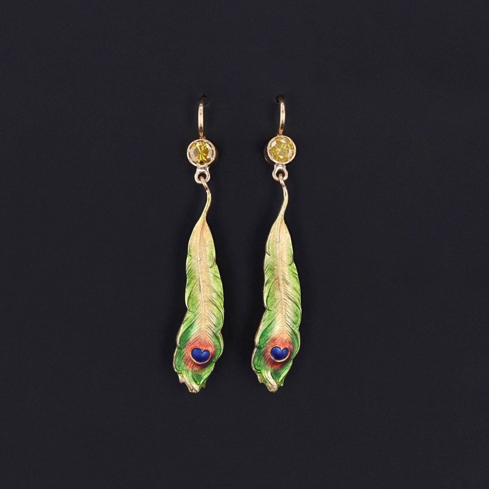 Antique Enamel and Yellow Diamond Peacock Feather Conversion Earrings 14k Gold - Trademark Antiques