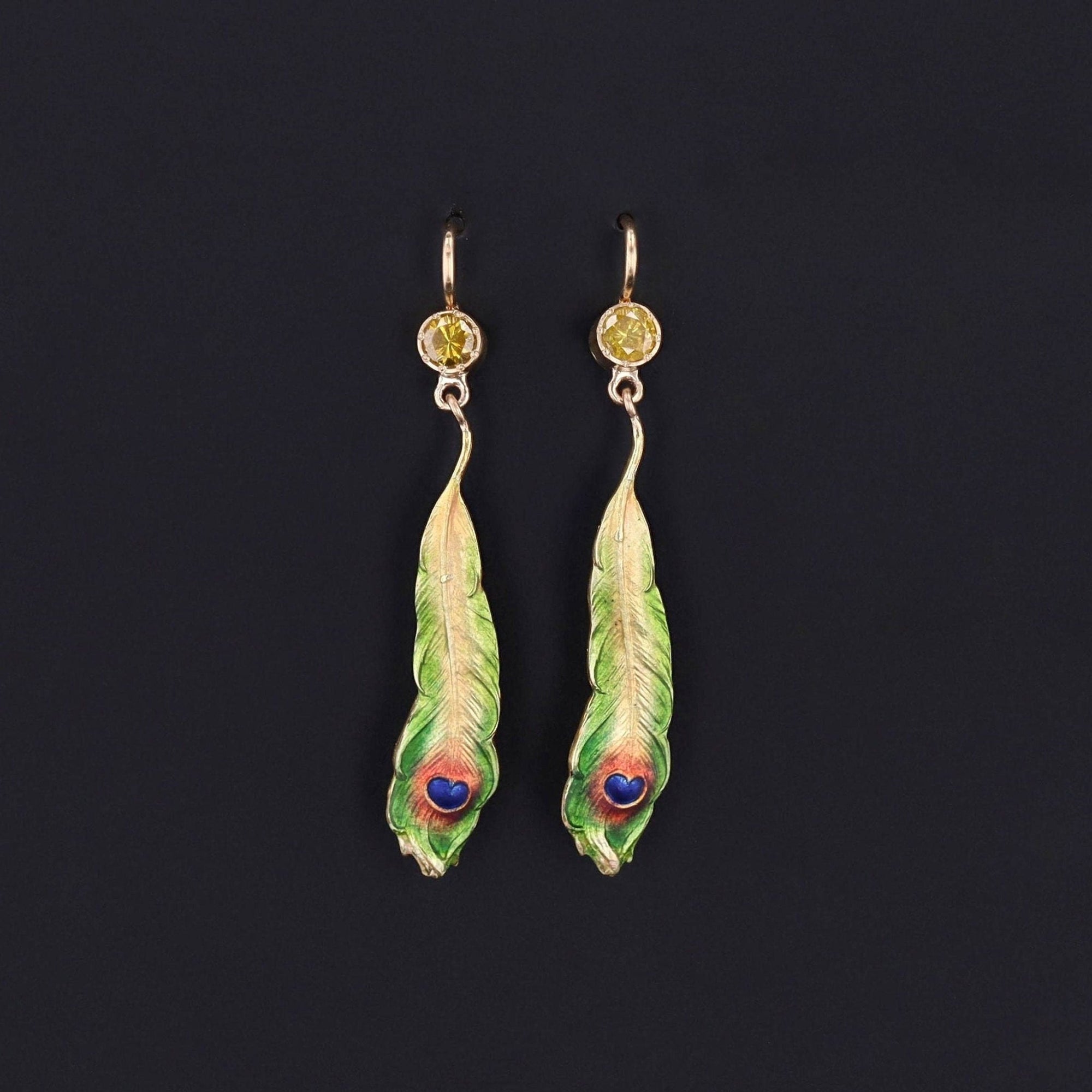 Antique Enamel and Yellow Diamond Peacock Feather Conversion Earrings 14k Gold - Trademark Antiques