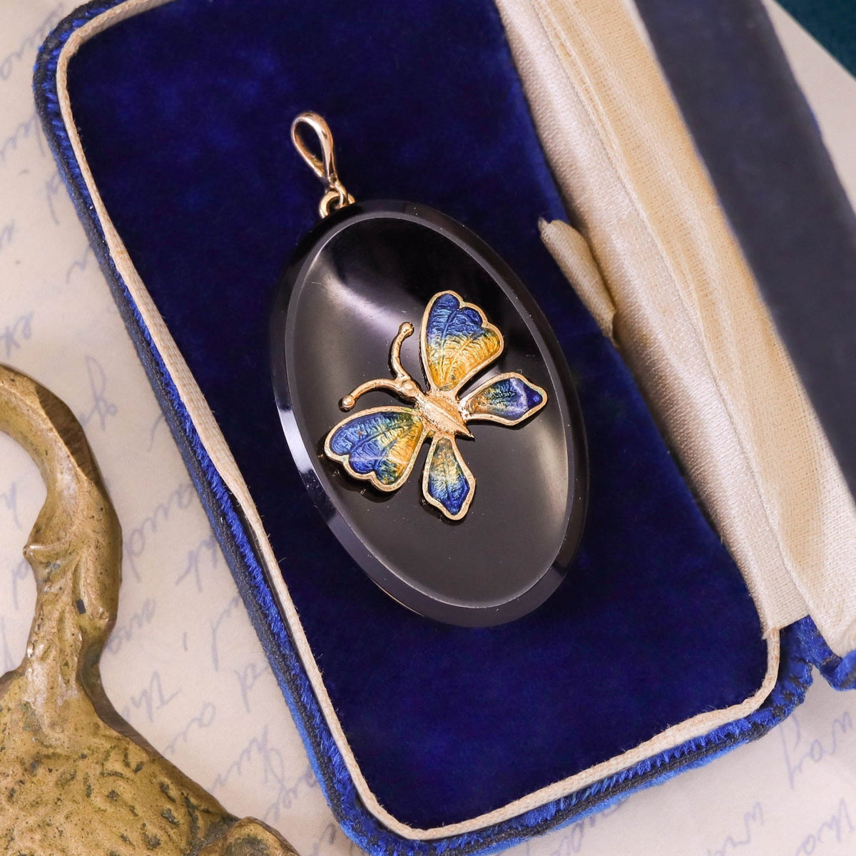 Antique Enamel Butterfly on Onyx Pendant of 14k Gold - Trademark Antiques