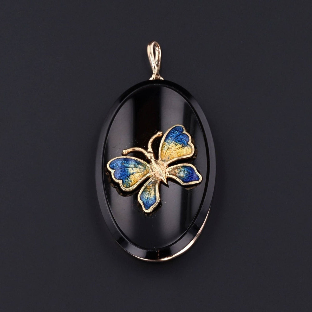 Antique Enamel Butterfly on Onyx Pendant of 14k Gold - Trademark Antiques