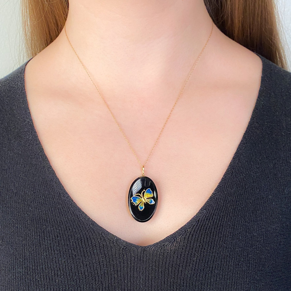 Antique Enamel Butterfly on Onyx Pendant of 14k Gold - Trademark Antiques