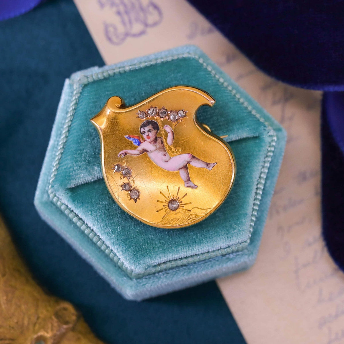 Antique Enamel Cherub Brooch of 18k Gold - Trademark Antiques