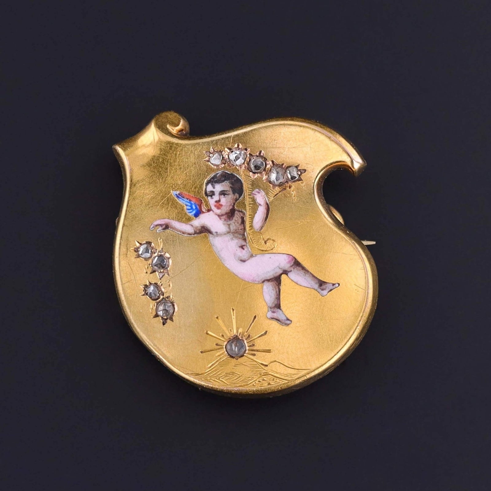 Antique Enamel Cherub Brooch of 18k Gold - Trademark Antiques