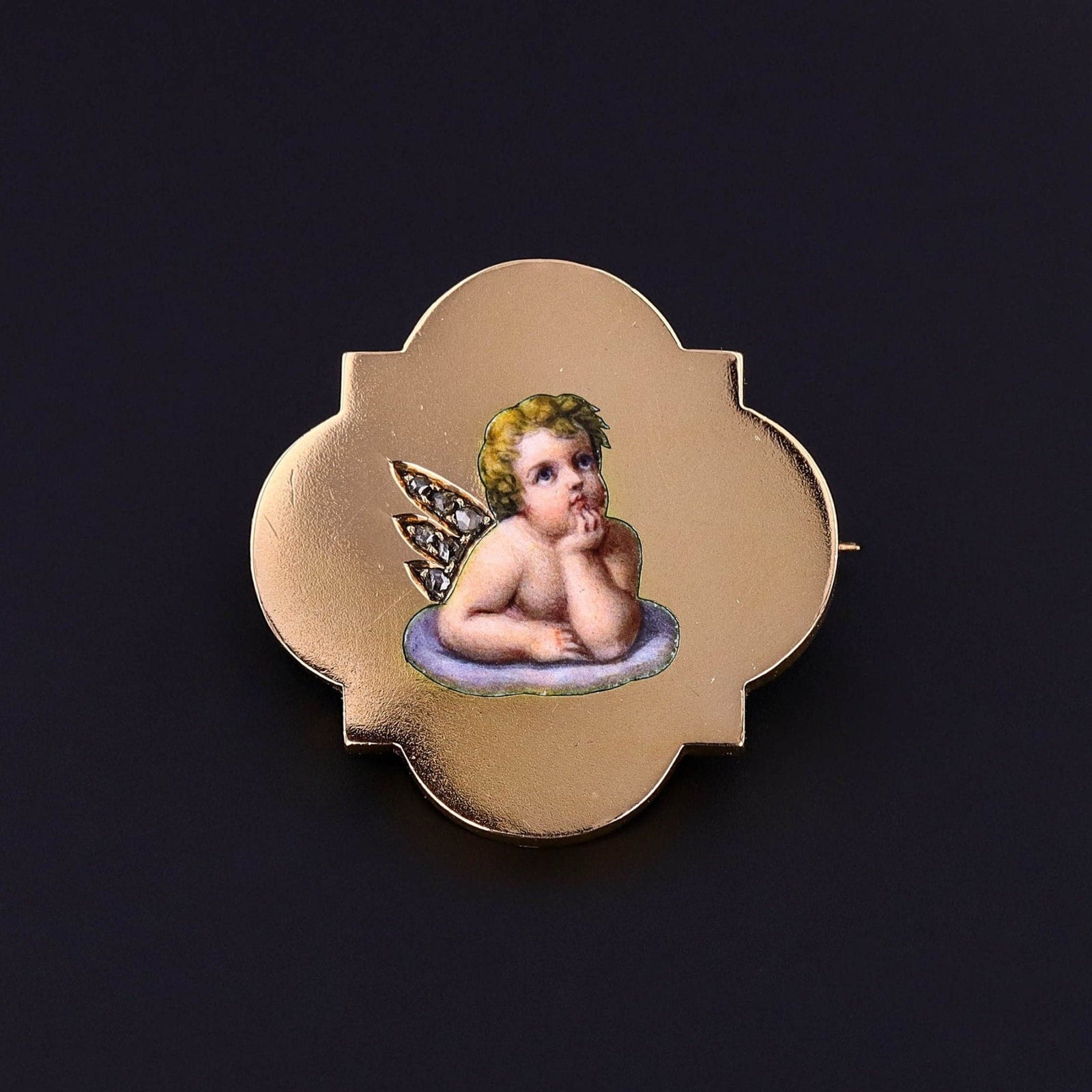 Antique Enamel Cherub Brooch of 18k Gold - Trademark Antiques