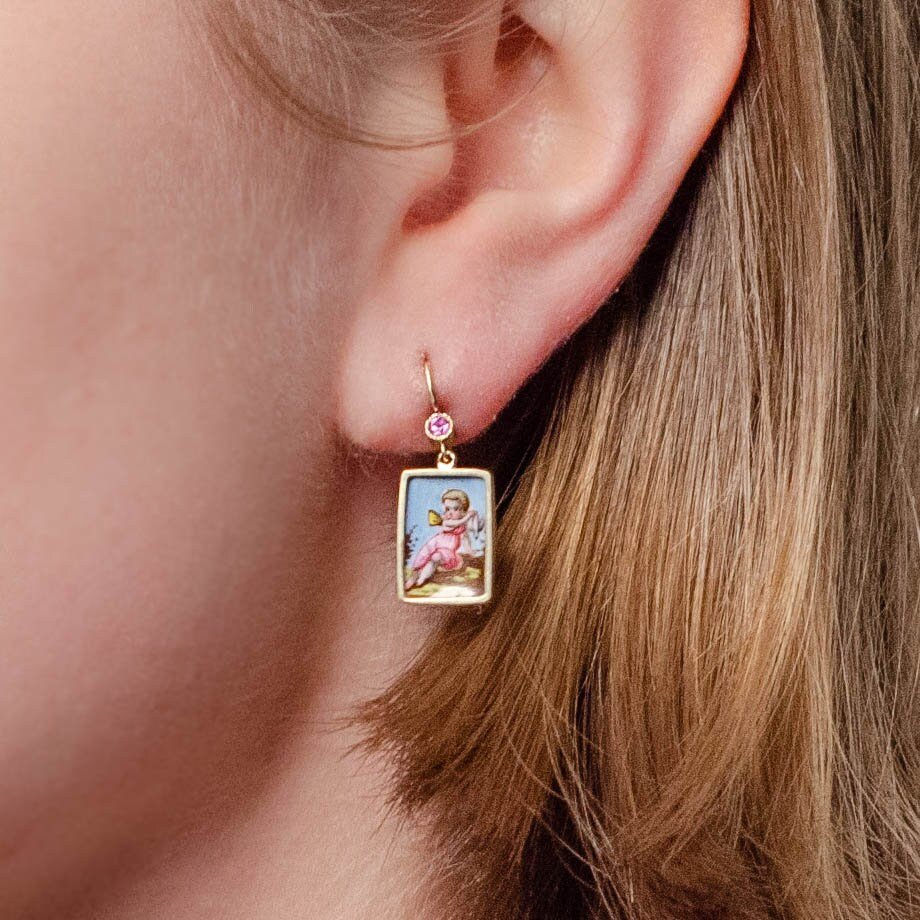 Antique Enamel Cherub Earrings of 14k Gold - Trademark Antiques