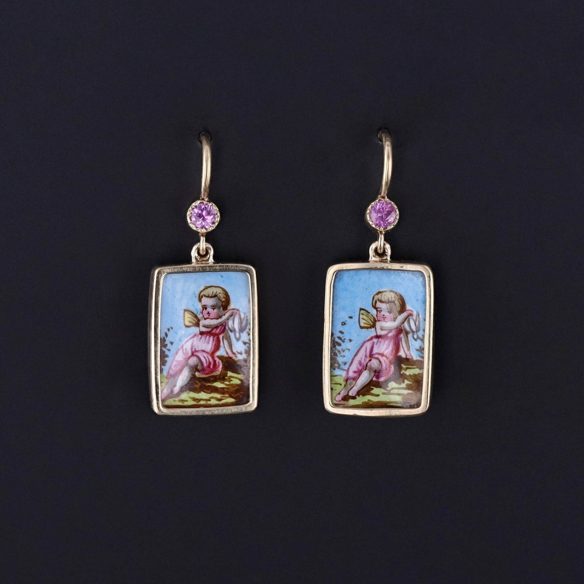 Antique Enamel Cherub Earrings of 14k Gold - Trademark Antiques