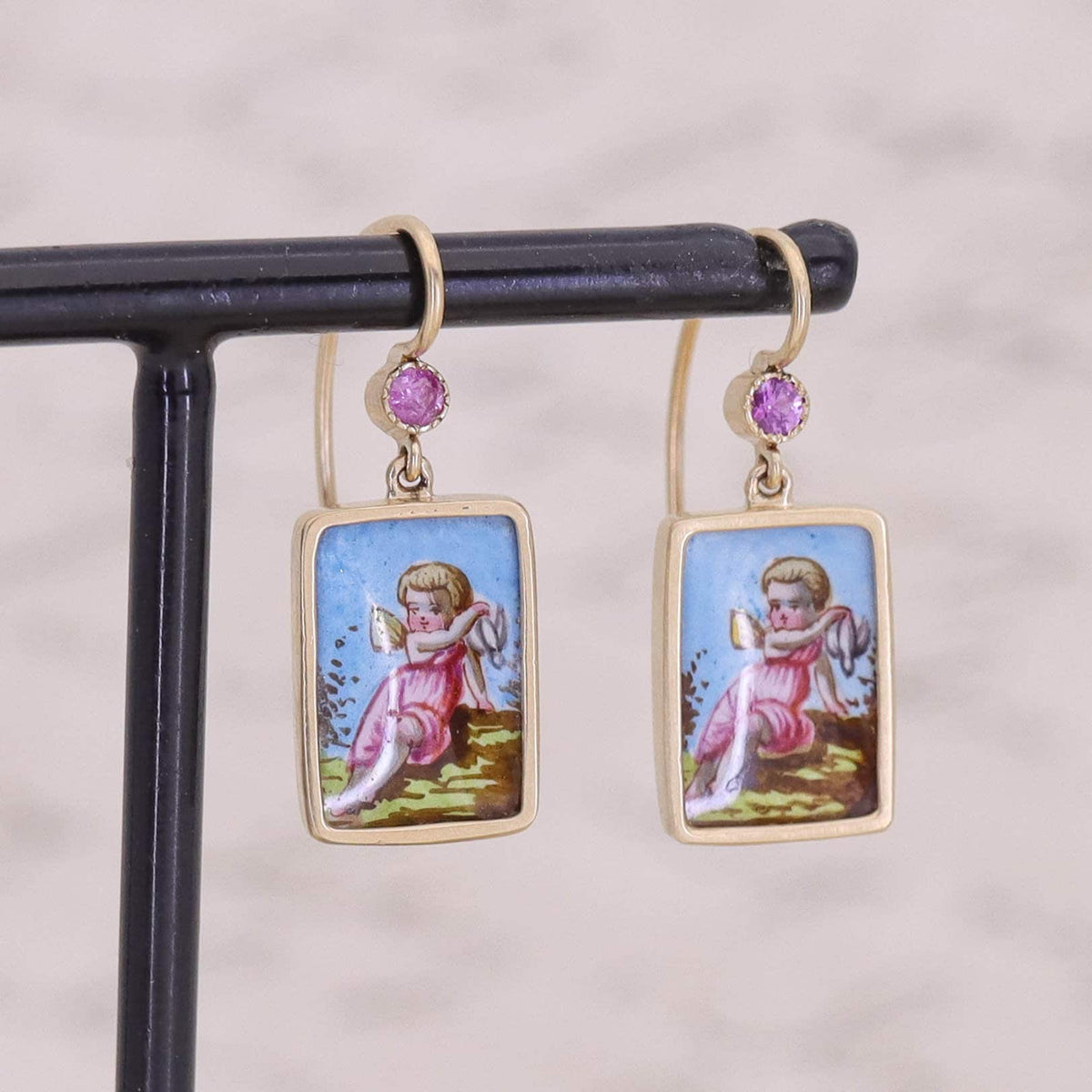 Antique Enamel Cherub Earrings of 14k Gold - Trademark Antiques