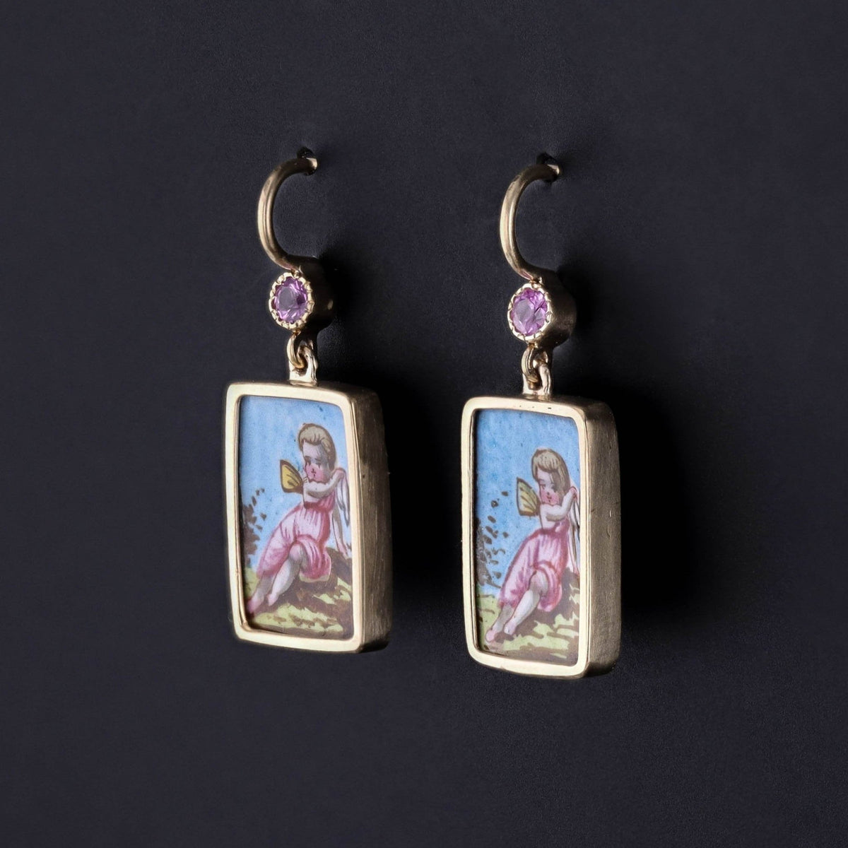 Antique Enamel Cherub Earrings of 14k Gold - Trademark Antiques