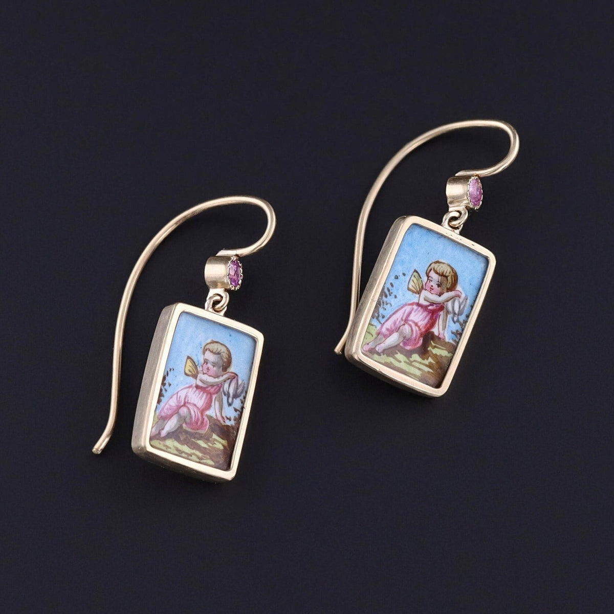 Antique Enamel Cherub Earrings of 14k Gold - Trademark Antiques