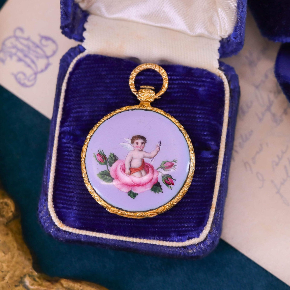 Antique Enamel Cherub Locket of 18k Gold - Trademark Antiques
