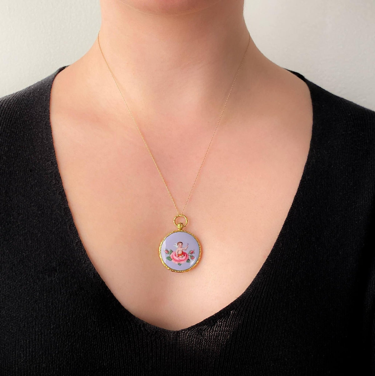 Antique Enamel Cherub Locket of 18k Gold - Trademark Antiques