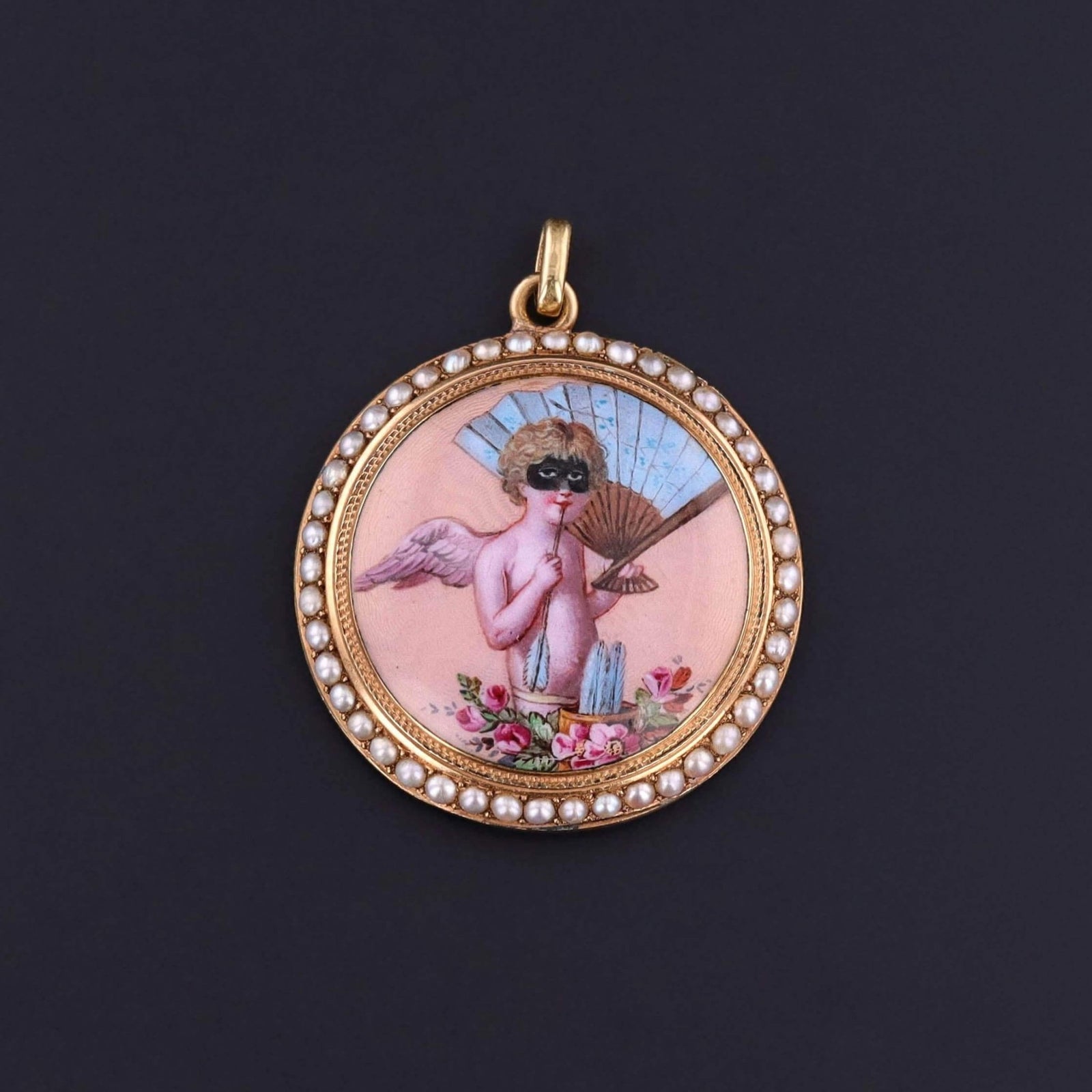 Antique Enamel Cherub Pendant of 14k & 18k Gold - Trademark Antiques