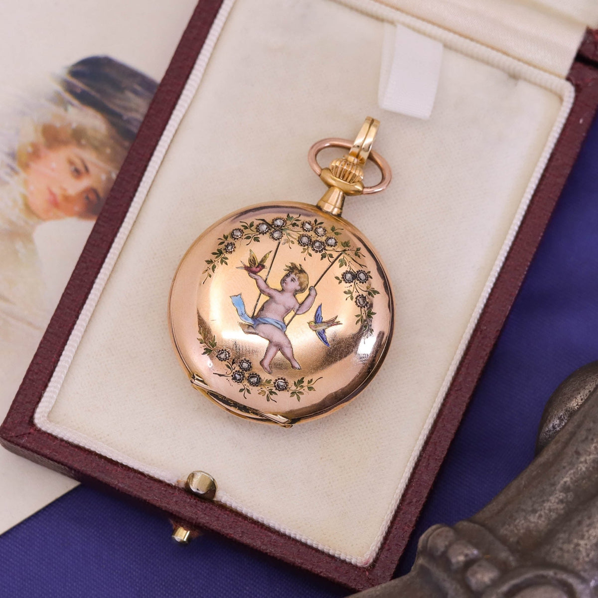 Antique Enamel Cherub Pocket Watch of 18k Gold - Trademark Antiques