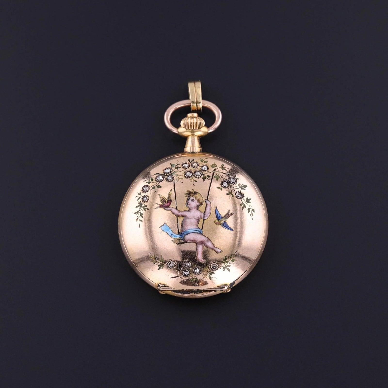 Antique Enamel Cherub Pocket Watch of 18k Gold - Trademark Antiques