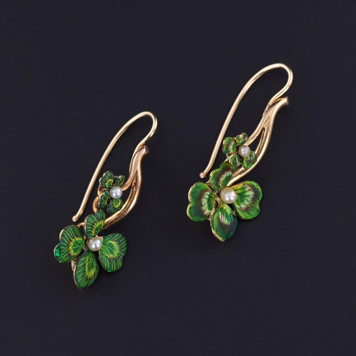 Antique Enamel Clover Earrings of 14k Gold - Trademark Antiques