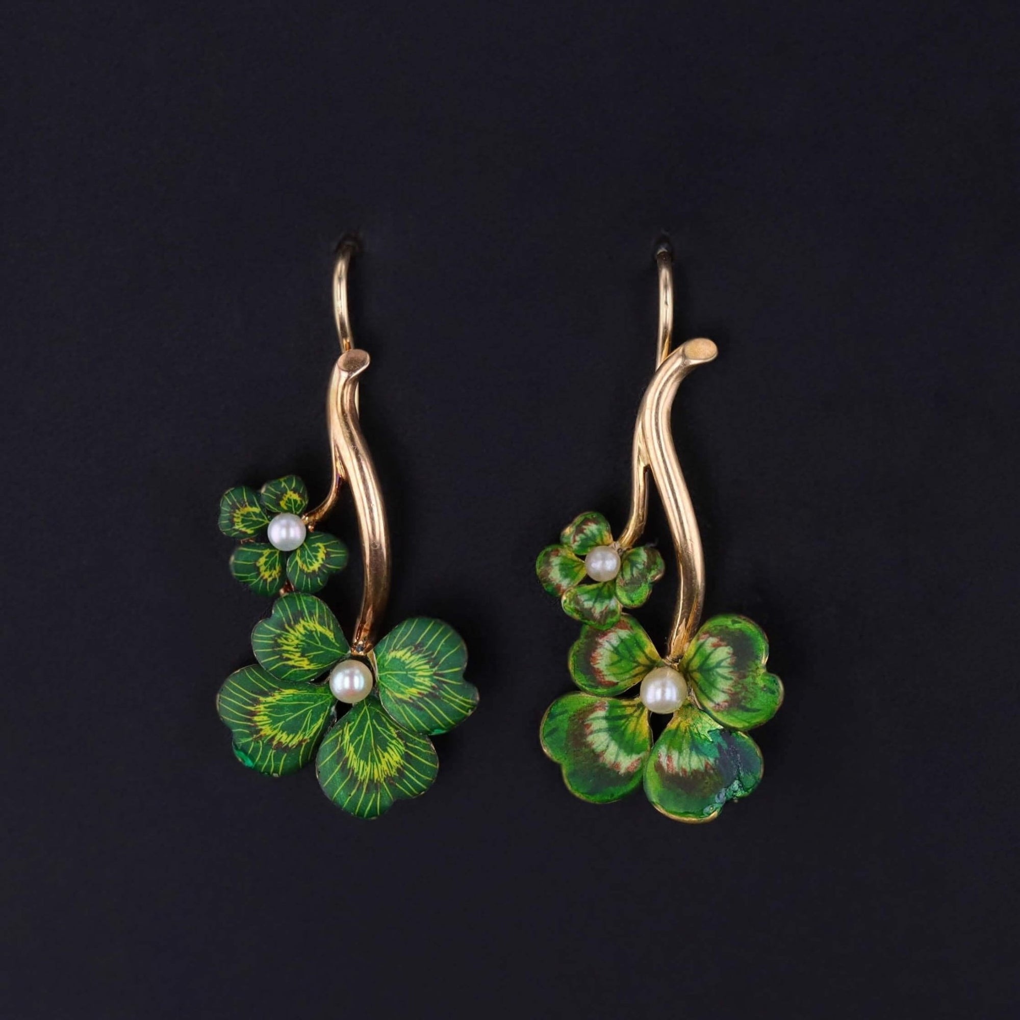 Antique Enamel Clover Earrings of 14k Gold - Trademark Antiques
