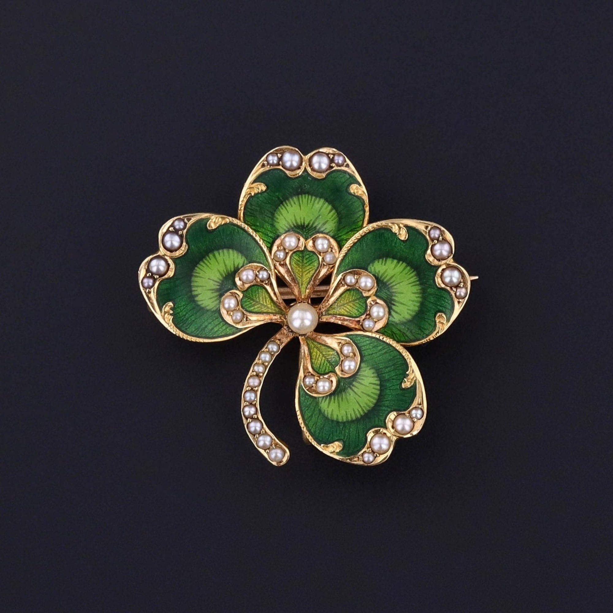 Antique Enamel Clover Pendant Brooch of 14k Gold - Trademark Antiques
