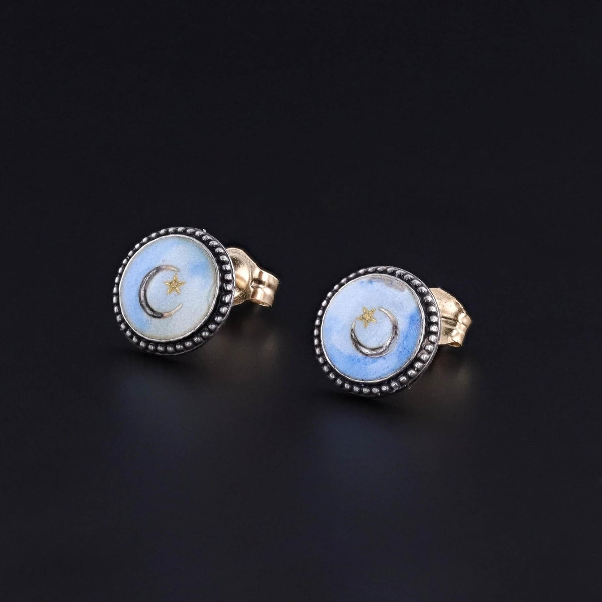 Antique Enamel Crescent Earrings of Silver and 14k Gold - Trademark Antiques