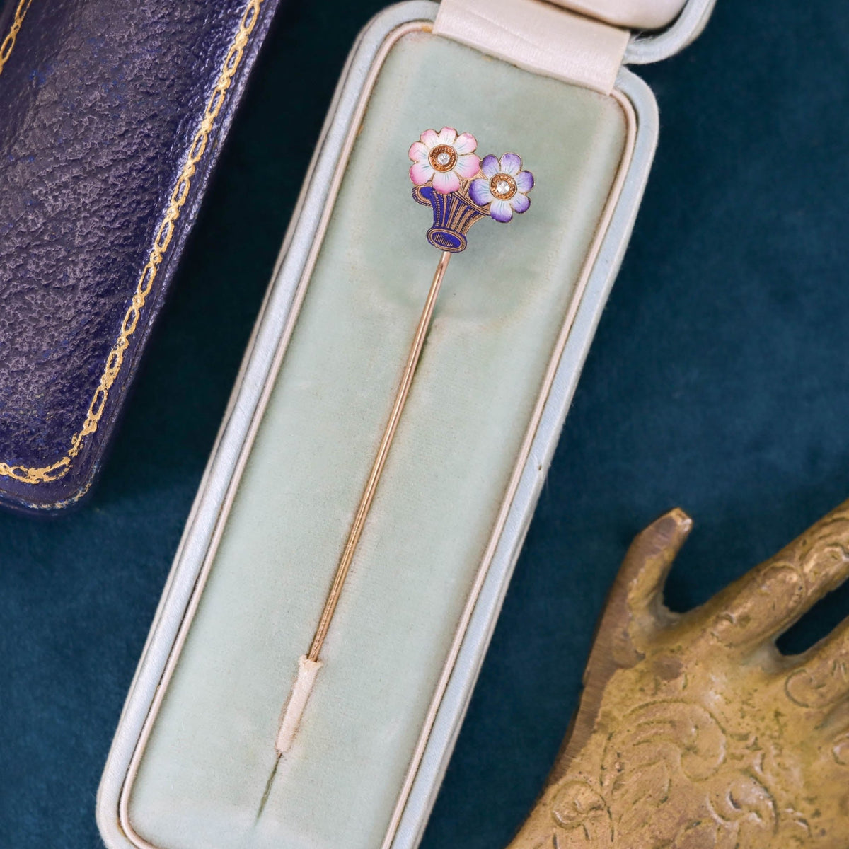 Antique Enamel &amp; Diamond Flower Basket Stick Pin of 14k Gold - Trademark Antiques