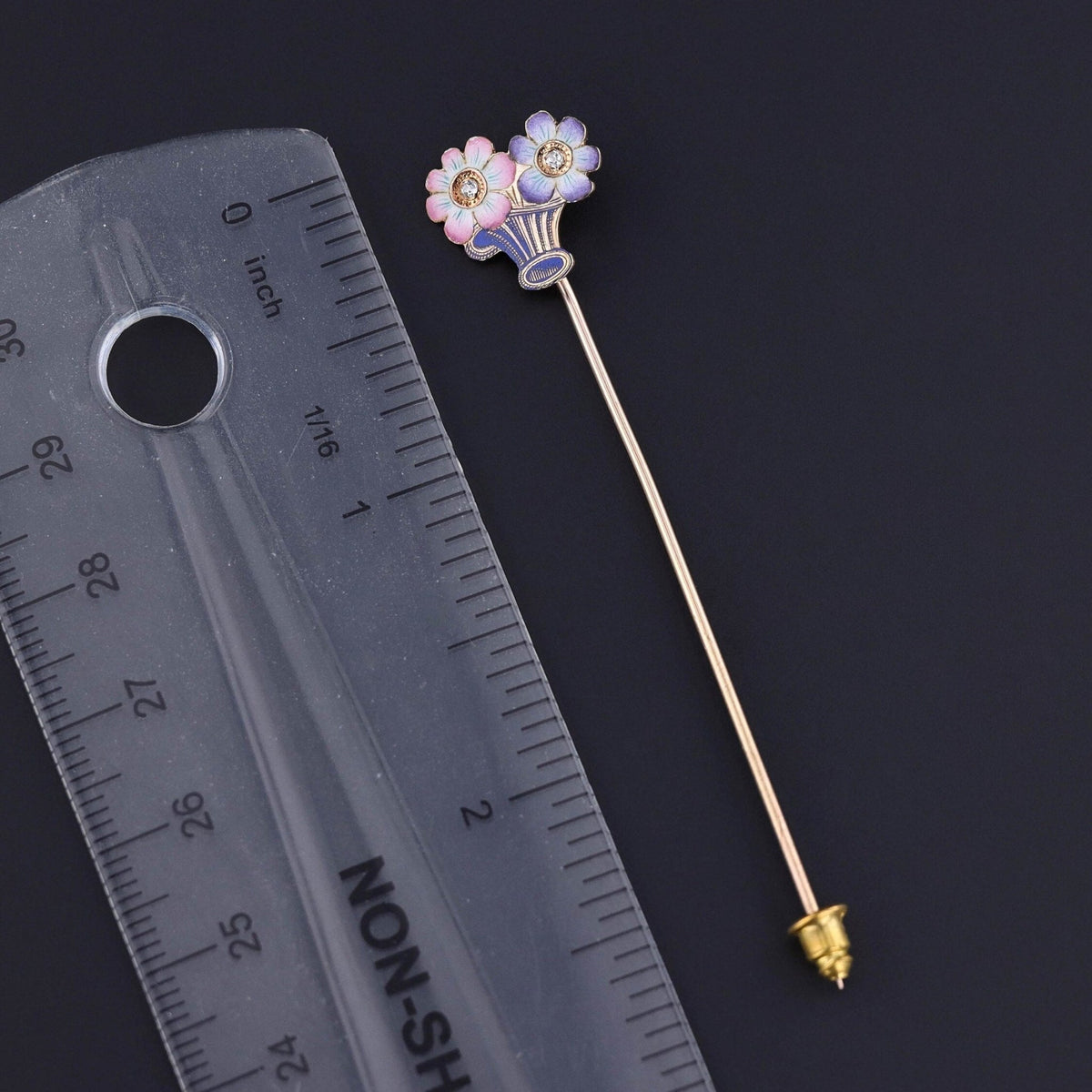 Antique Enamel &amp; Diamond Flower Basket Stick Pin of 14k Gold - Trademark Antiques