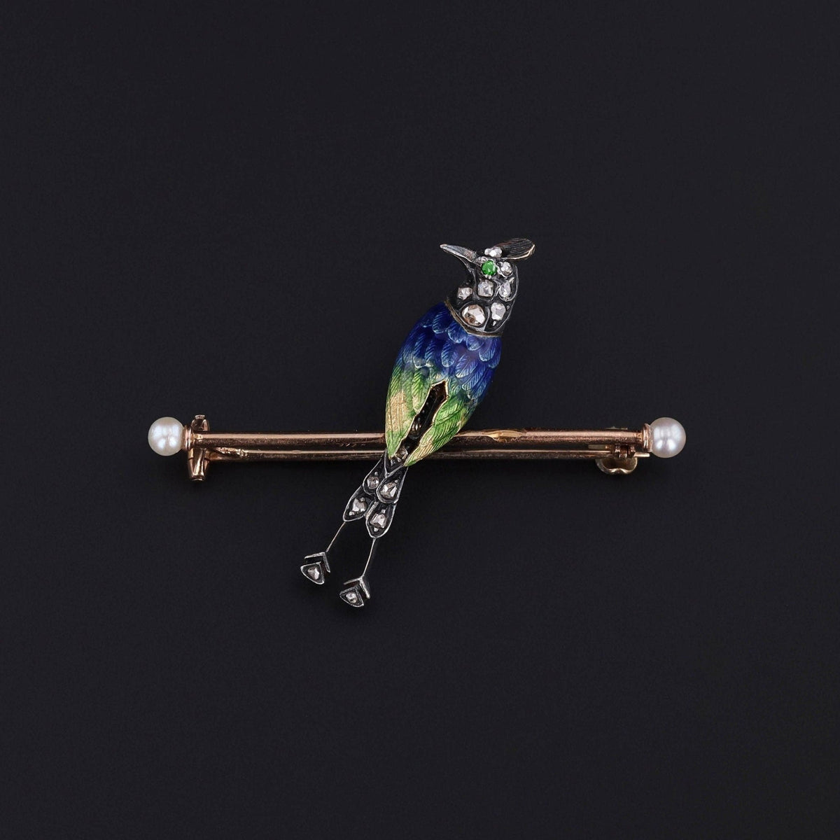 Antique Enamel Diamond &amp; Pearl Bird Brooch - Trademark Antiques