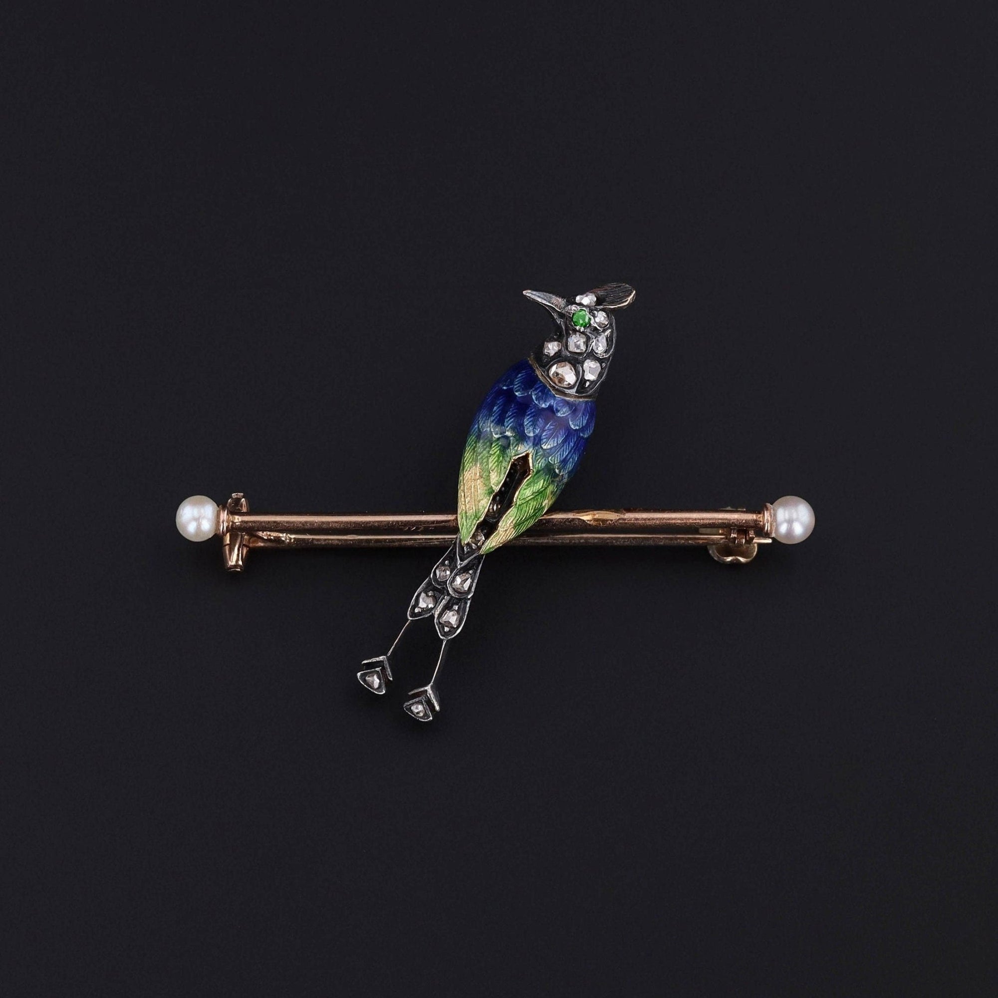 Antique Enamel Diamond & Pearl Bird Brooch - Trademark Antiques