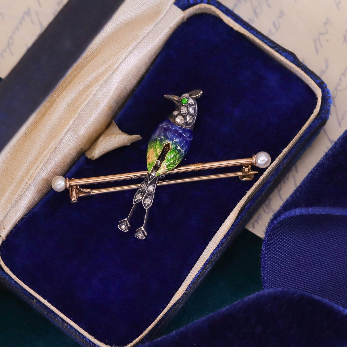 Antique Enamel Diamond &amp; Pearl Bird Brooch - Trademark Antiques