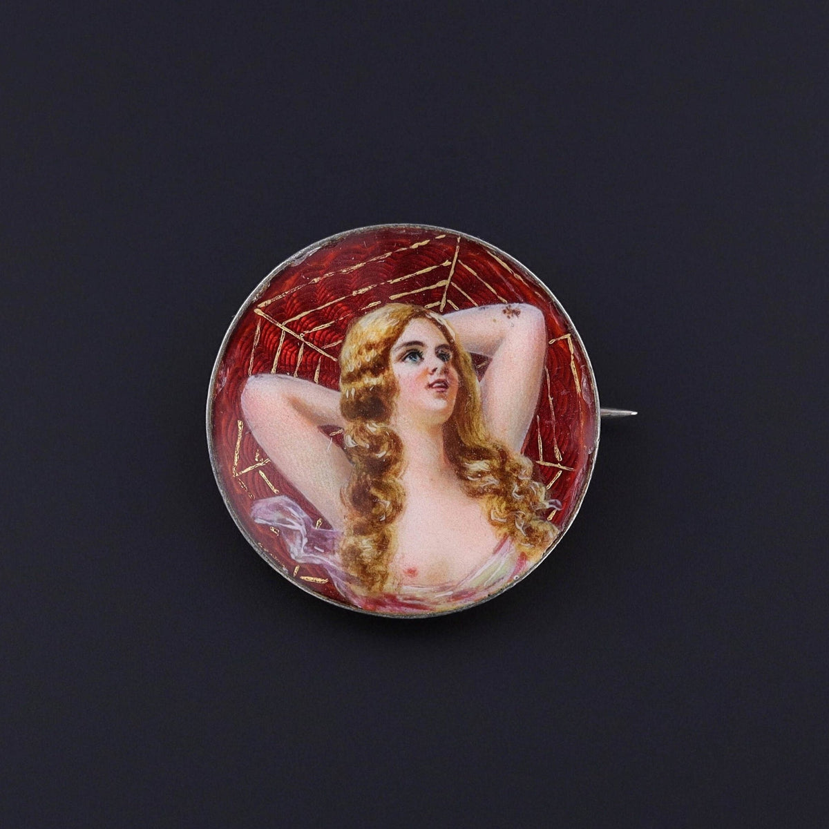 Antique Enamel Erotic Woman in Spider Web Brooch - Trademark Antiques
