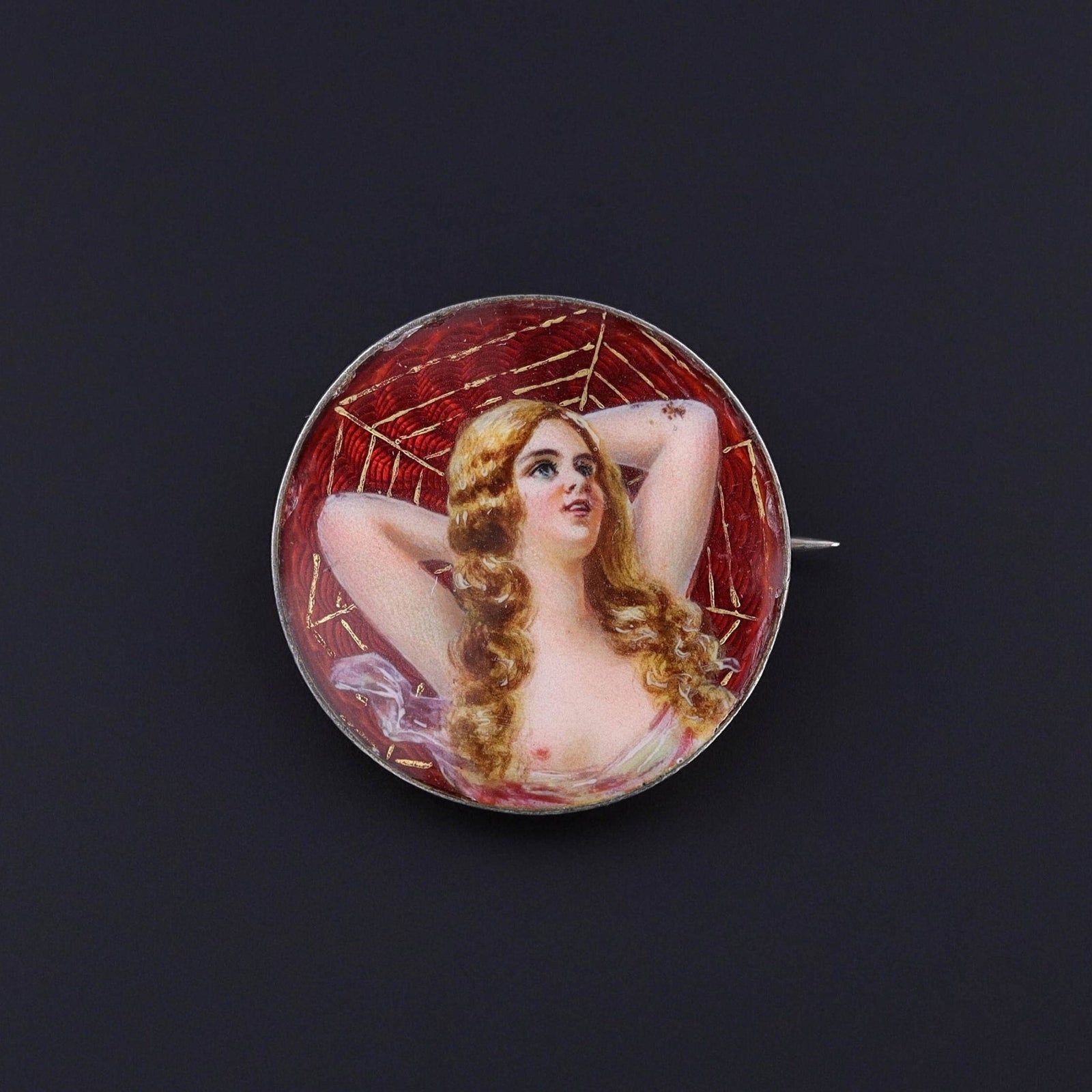 Antique Enamel Erotic Woman in Spider Web Brooch - Trademark Antiques