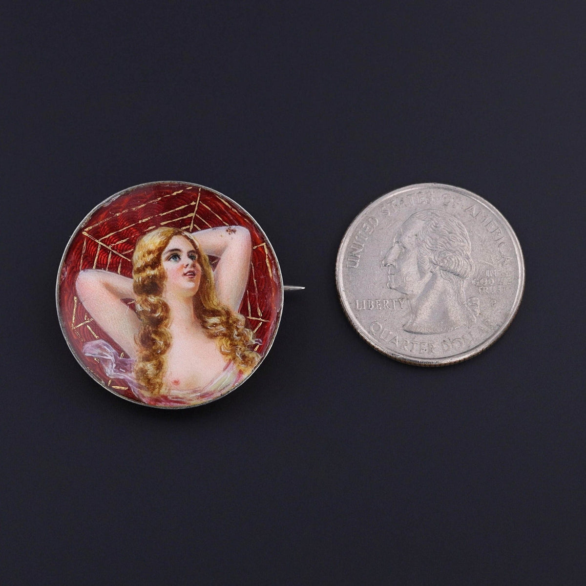 Antique Enamel Erotic Woman in Spider Web Brooch - Trademark Antiques
