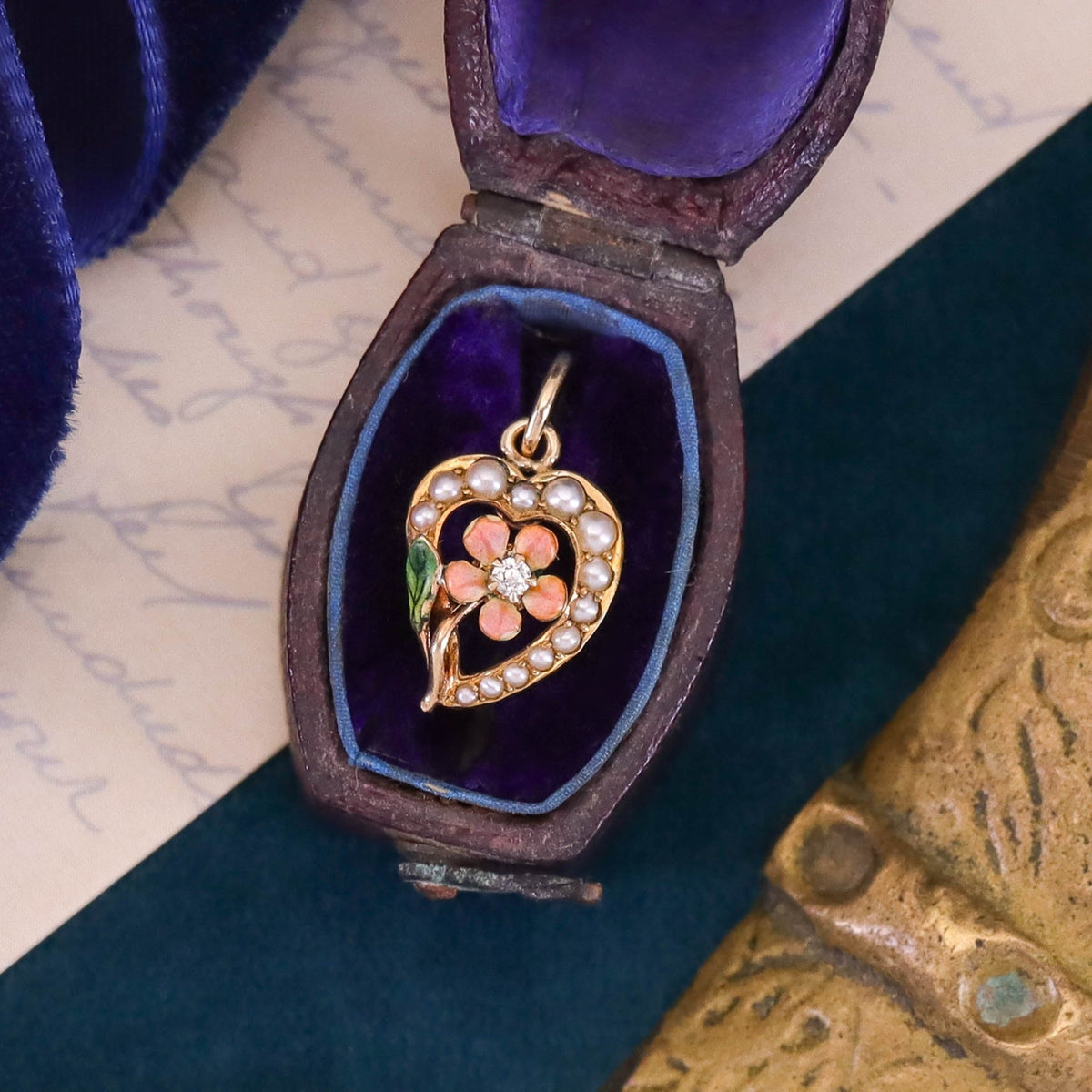 Antique Enamel Flower and Heart Charm of 14k Gold - Trademark Antiques