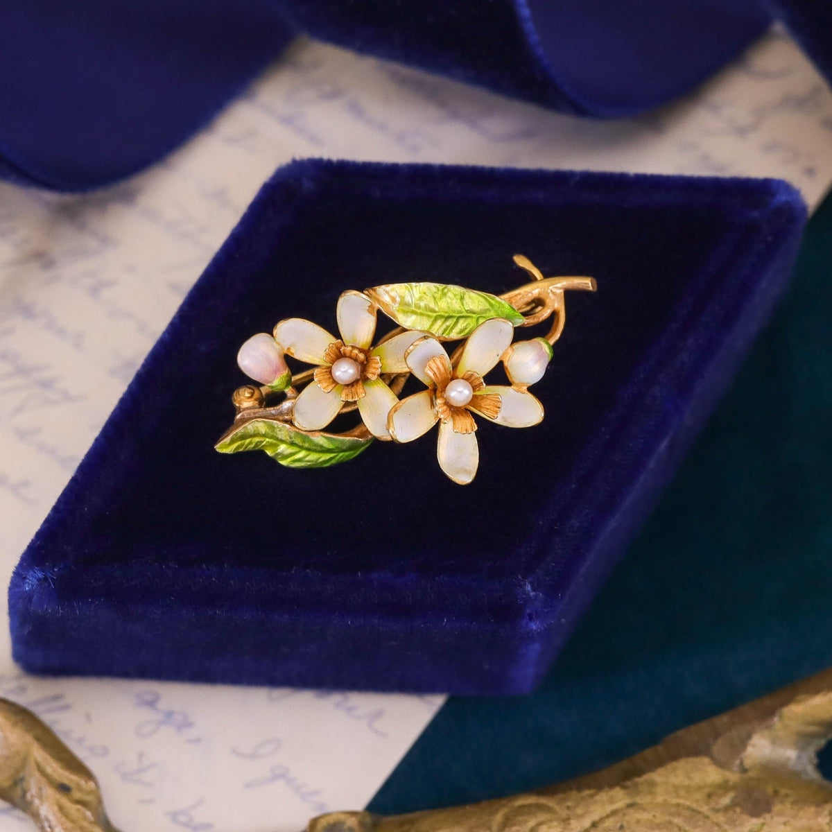 Antique Enamel Flower Brooch of 14k Gold - Trademark Antiques