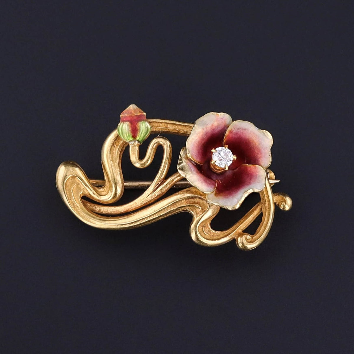 Antique Enamel Flower Brooch of 14k Gold - Trademark Antiques
