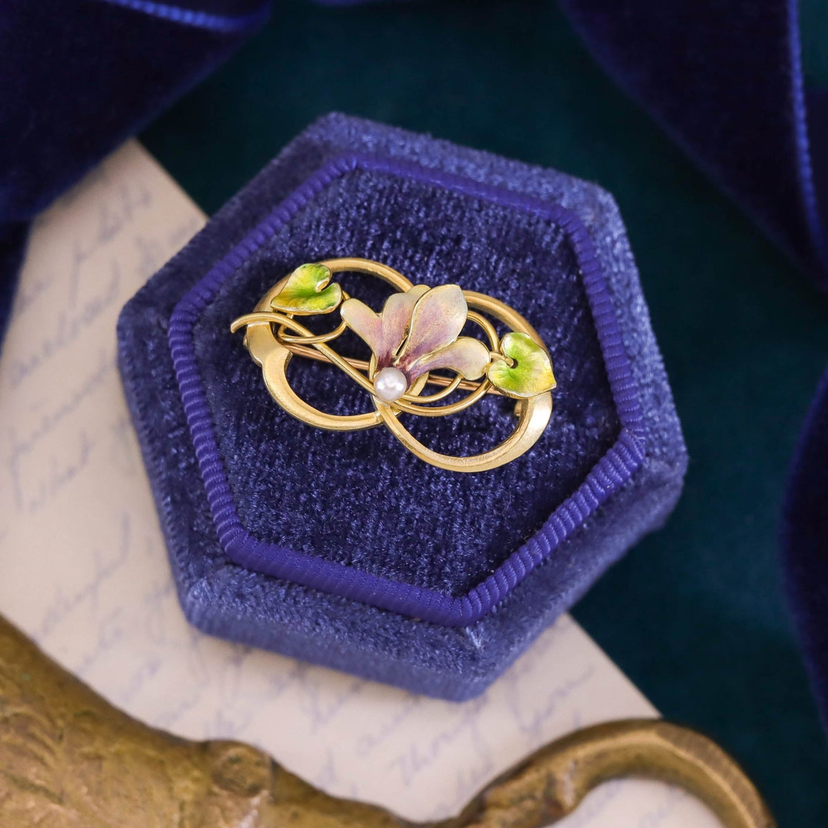 Antique Enamel Flower Brooch of 14k Gold by Krementz - Trademark Antiques