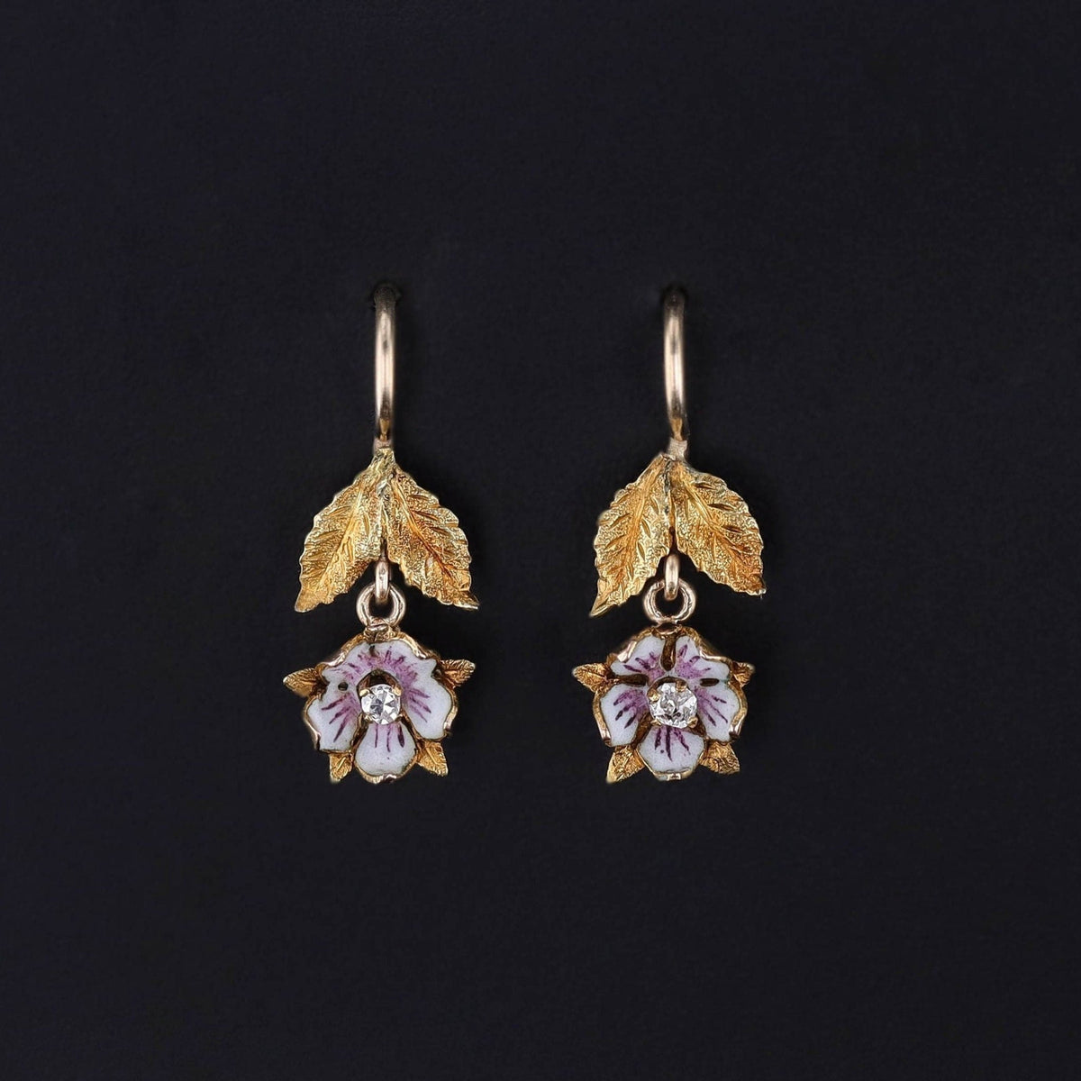 Antique Enamel Flower Earrings of 14k Gold - Trademark Antiques