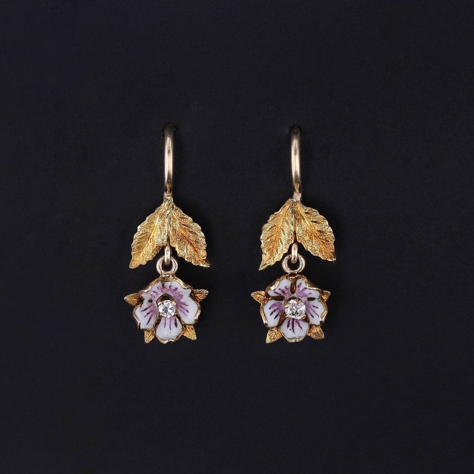 Antique Enamel Flower Earrings of 14k Gold - Trademark Antiques
