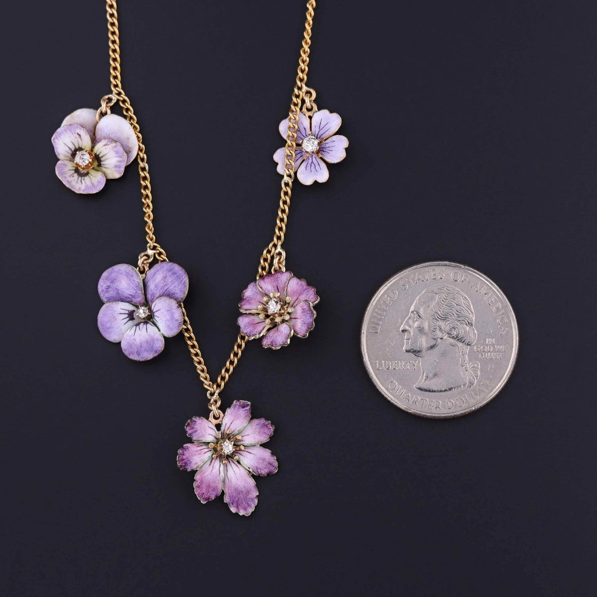 Antique Enamel Flower Necklace of 10k &amp; 14k Gold - Trademark Antiques