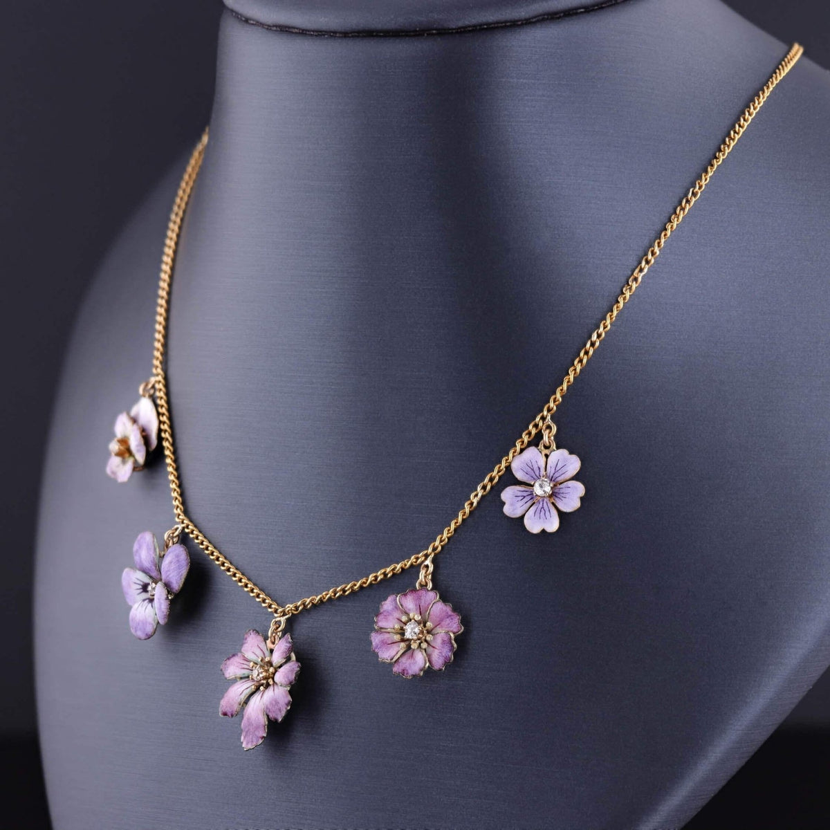 Antique Enamel Flower Necklace of 10k &amp; 14k Gold - Trademark Antiques